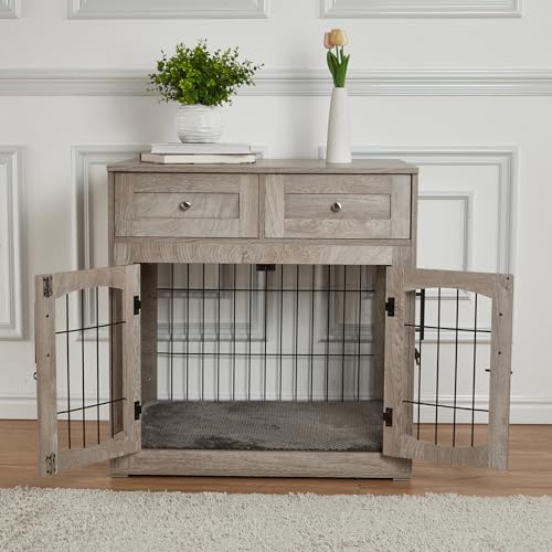 Wooden Dog Crate Furniture with Cushion and 2 Drawers R35157