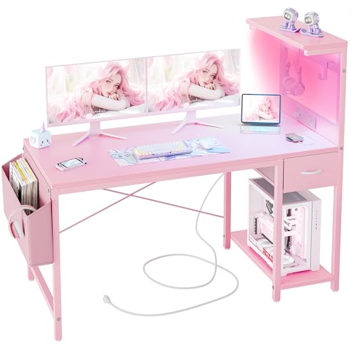 TIQLAB Gaming Desk 47 inch with Power Outlet and LED Light, Computer Desk with Reversible Shelves and Storage Drawer, Small PC Desk for Home Office Table with Bag, Carbon Fiber Black