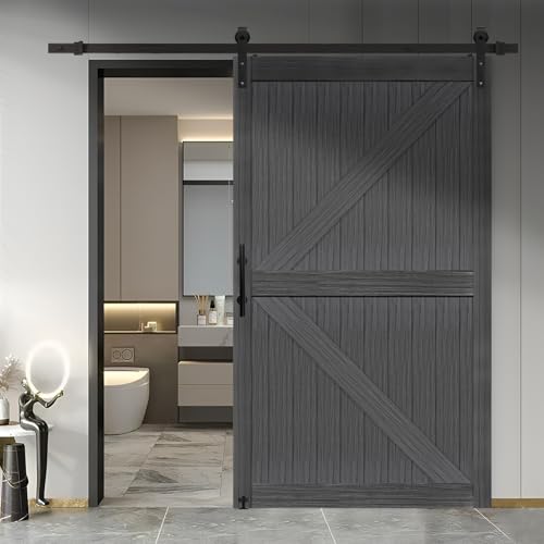 S&Z TOPHAND® 20 in x 84 in Elephant Gray British Brace Knotty Barn Door with 4FT Sliding Hardware Kit G149446