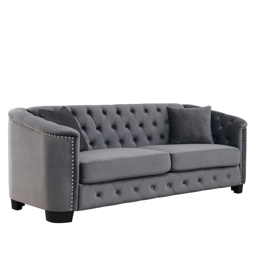 77-Inch Modern Chesterfield Velvet 3-Seater Sofa with Tufted Backrests, Grey E686