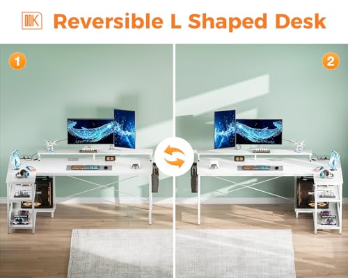 ODK 48 Inch L Shaped Gaming Desk with USB Charging Ports and LED Lights S136