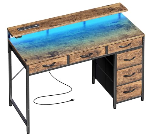Huuger Gaming Desk with 6 Drawers, LED Lights, 47 Inch, Black N423283