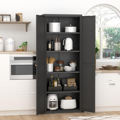 GREATMEET 65" Tall Kitchen Pantry Cabinet, White Metal Farmhouse Cupboard with Adjustable Shelves D202