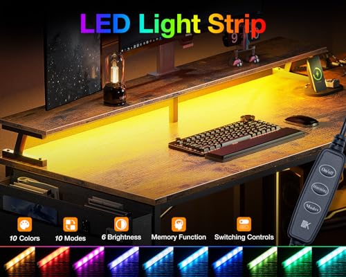 ODK 48 Inch L Shaped Gaming Desk with USB Charging Ports and LED Lights S136