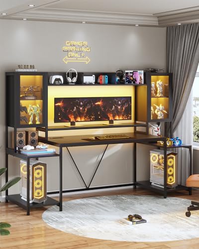 SEDETA Gaming Desk 74.8'' with LED Lights, Hutch and Storage Shelves, White W26827