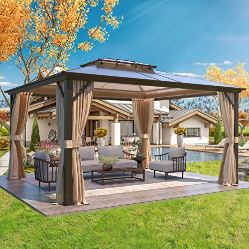 YOLENY 10'x13' Hardtop Gazebo with Aluminum Frame and Curtains F853