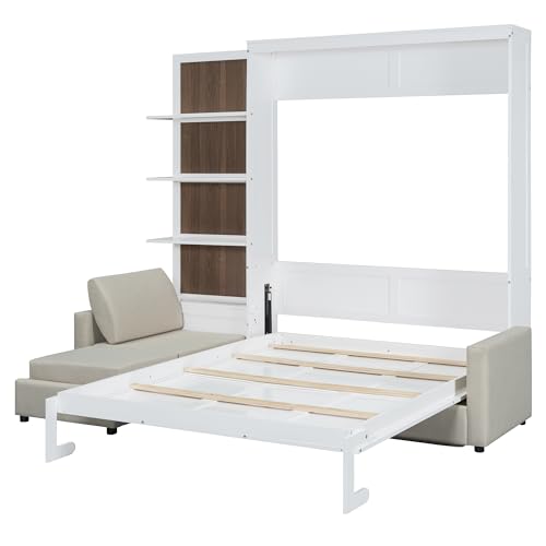 Harper & Bright Designs Queen Murphy Bed with Sofa and Shelves, White P14954