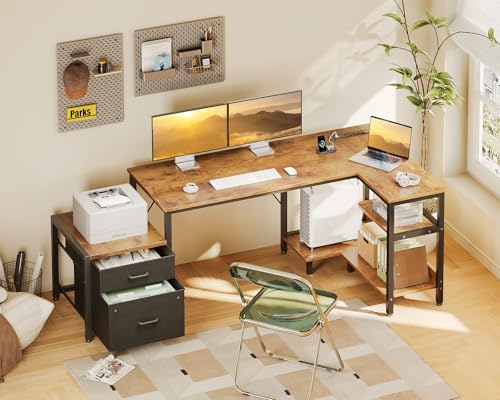 Casaottima 55 Inch L Shaped Desk with Drawers & File Cabinet, Rustic Brown B7734
