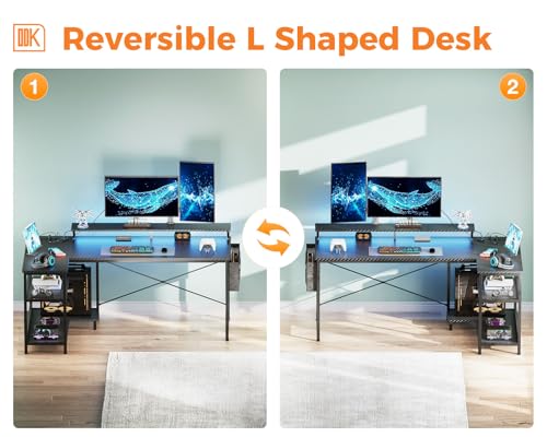 ODK 48 Inch L Shaped Gaming Desk with USB Charging Ports and LED Lights S136