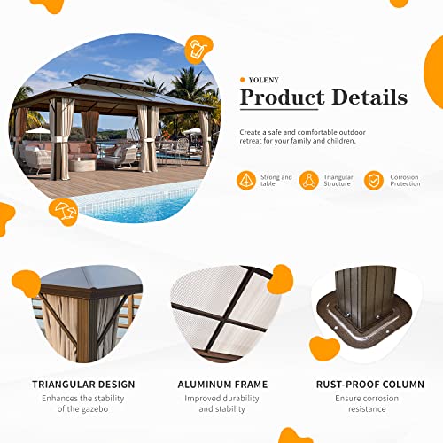 YOLENY 10'x13' Hardtop Gazebo with Aluminum Frame and Curtains F853
