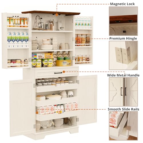 IRONCK Farmhouse Kitchen Pantry Cabinet, 72" Tall Freestanding Cupboard, White J39526