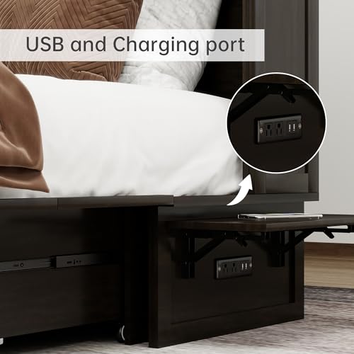 Solid Wood Murphy Bed Cabinet Full with USB Charging Ports and Storage Drawer, Ebony D190415