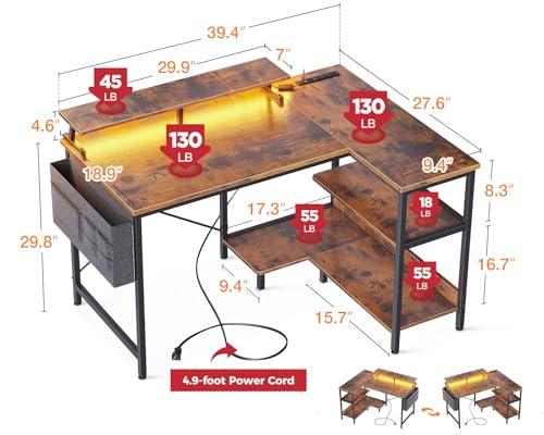 ODK 48 Inch L Shaped Gaming Desk with USB Charging Ports and LED Lights S136
