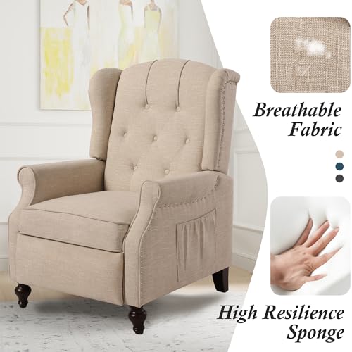 Wingback Recliner Chair with Massage and Heat, Tufted Fabric, Wooden Legs D91574