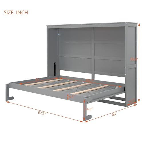 Merax Modern Farmhouse Solid Wood Murphy Cabinet Bed Queen Gray L422