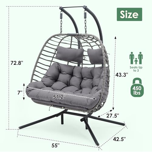 Double Egg Swing Chair with Stand, Rattan Wicker, UV Resistant Cushion, Metal Frame N439669