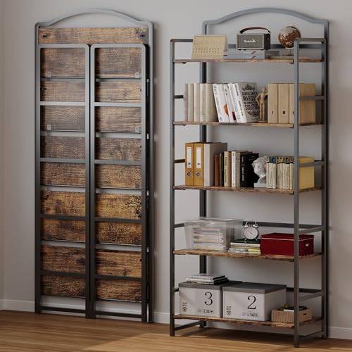 JSB Folding Bookshelf 5 Tier Vintage Wood Bookcase for Living Room Bedroom Office S131658