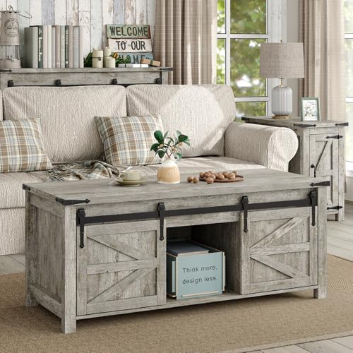 47.3" Lift Top Coffee Table with Storage and Barn Doors, White and Grey I616078