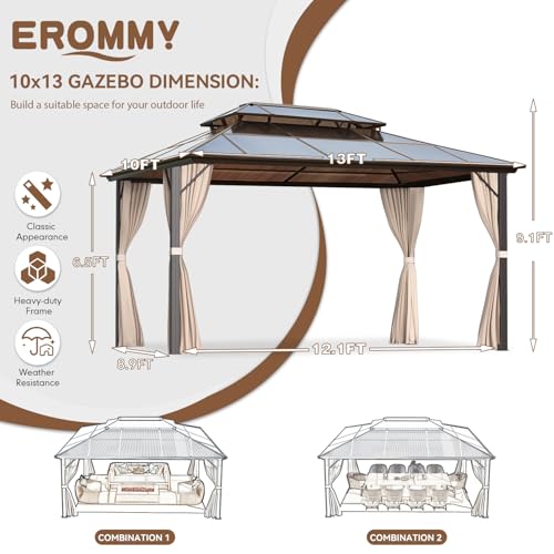 EROMMY 10' x 12' Hardtop Gazebo with Aluminum Frame and Double Roof Q573