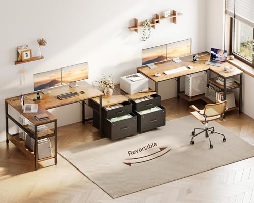 Casaottima 55 Inch L Shaped Desk with Drawers & File Cabinet, Rustic Brown B7734