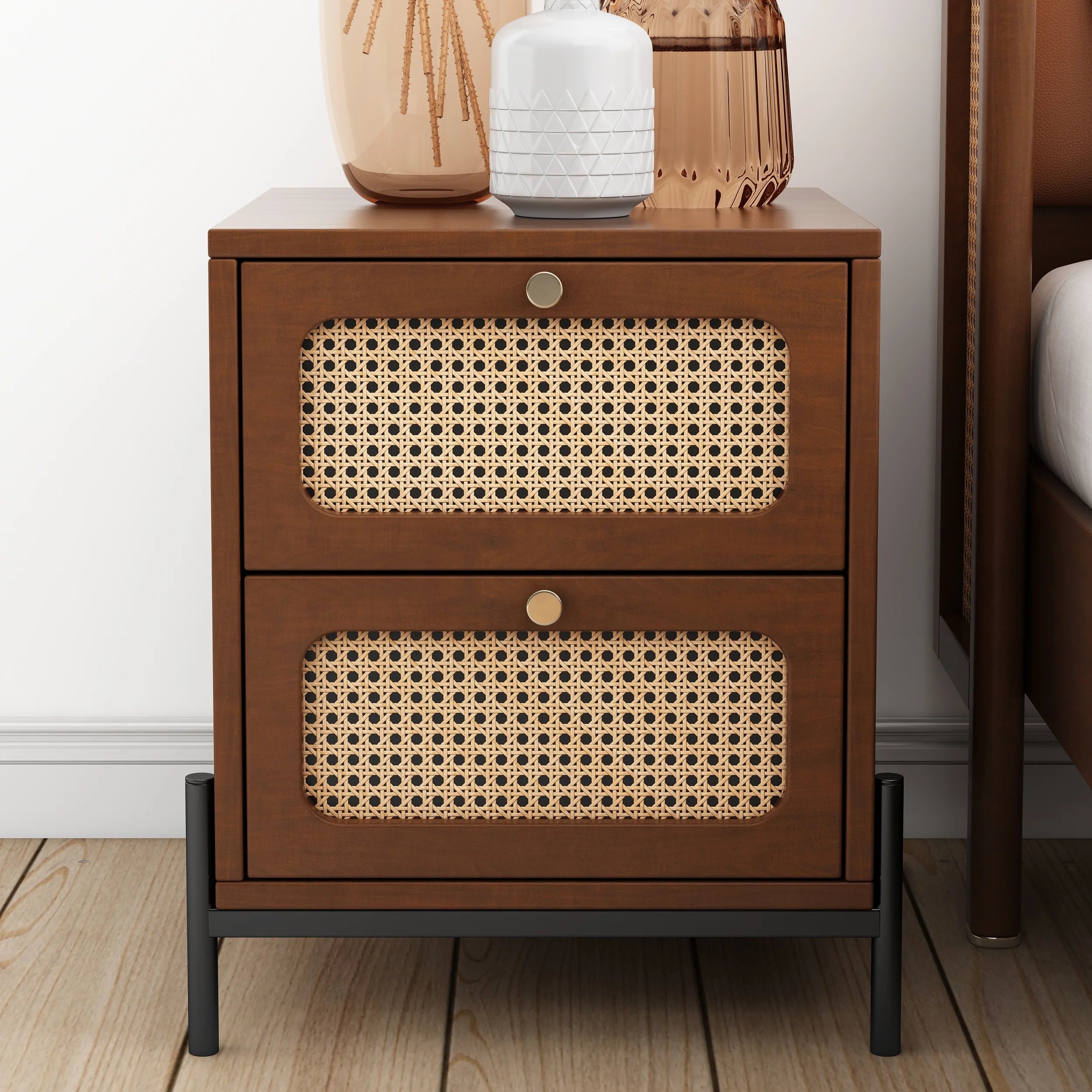 CoSoTower Rattan Wood 2-Drawer Side Table Nightstand, Walnut R303