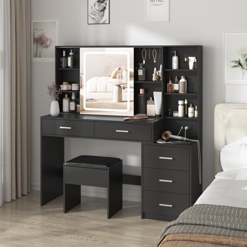Fameill Vanity Desk with Mirror and Lights, 5 Drawers, Charging Station, White H302