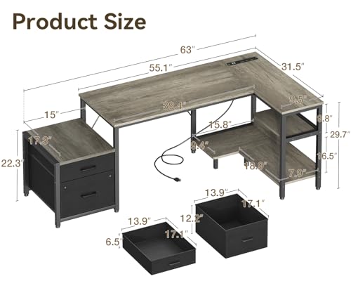 Casaottima 55 Inch L Shaped Desk with Drawers & File Cabinet, Rustic Brown B7734