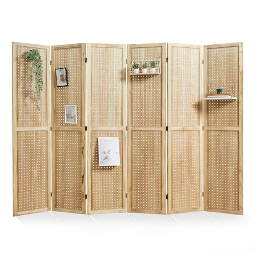 Pegboard Display 5.6Ft Wooden Room Divider Folding Privacy Screen Freestanding Wall Organizer, 4 Panels, Natural C603