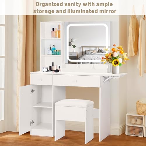 Vanity Desk with Mirror and LED Lights, Charging Station, White A6307