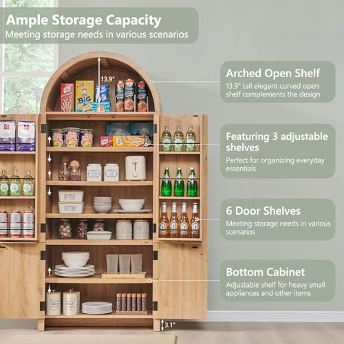 71" Tall Arched Kitchen Pantry, Modern Fluted Wood Storage Cabinet with Doors A419441