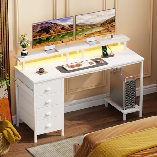 Furologee 47" Computer Gaming Desk with Monitor Stand, 4 Fabric Drawers & Power Outlets, Rustic Brown U645888