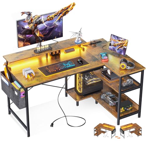 ODK 48 Inch L Shaped Gaming Desk with USB Charging Ports and LED Lights S136