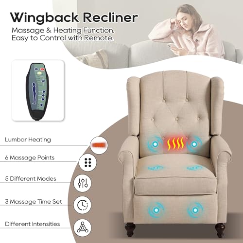 Wingback Recliner Chair with Massage and Heat, Tufted Fabric, Wooden Legs D91574
