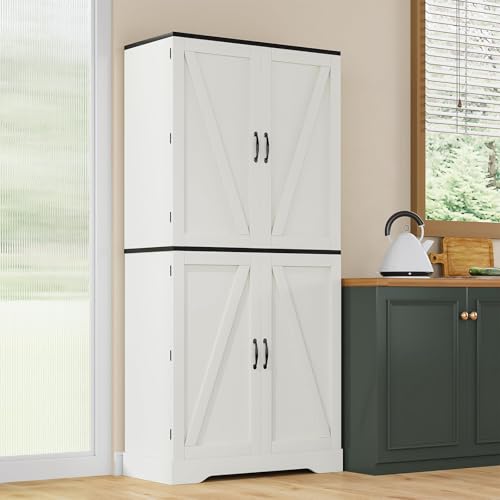 72" Farmhouse Pantry Storage Cabinet with 8 Shelves & 3 Pull-Out Racks, White X1990
