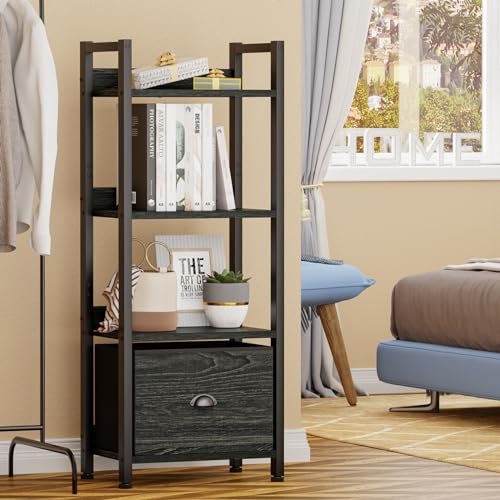 Furologee 5 Tier Bookshelf with Drawer, Industrial Tall Narrow Bookcase, Black T883828