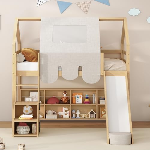 Harper & Bright Designs Kids Twin Low Loft Bed with Slide, Storage Shelves & Stairs, White/Pink C414827