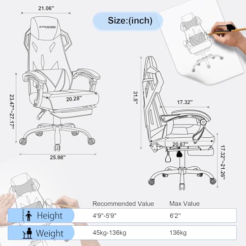 GTRACING Gaming Chair with Mesh Back, Footrest and Lumbar Support, White K3123