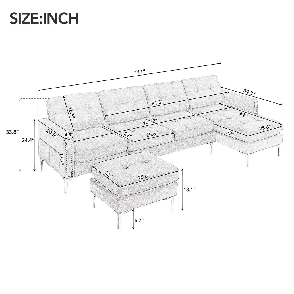 Soges U-Shaped Sectional Sofa with Ottoman, Gray, 110"x54" O53345