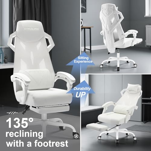 GTRACING Gaming Chair with Mesh Back, Footrest and Lumbar Support, White K3123