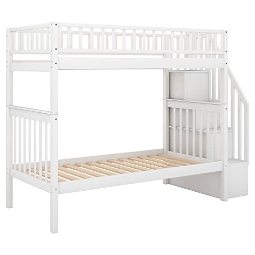 Twin-Over-Twin Bunk Bed with Trundle and Storage Staircase, Solid Wood, White I987686