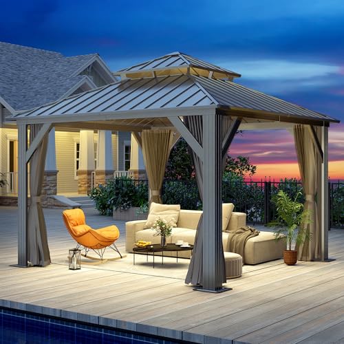 12'x12' Hardtop Gazebo with Galvanized Steel Roof, Aluminum Frame, Curtains & Netting X81832