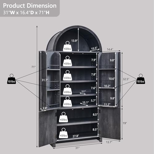 71" Tall Arched Kitchen Pantry, Modern Fluted Wood Storage Cabinet with Doors A419441