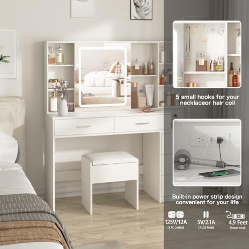 Fameill Vanity Desk with Mirror and Lights, 5 Drawers, Charging Station, White H302