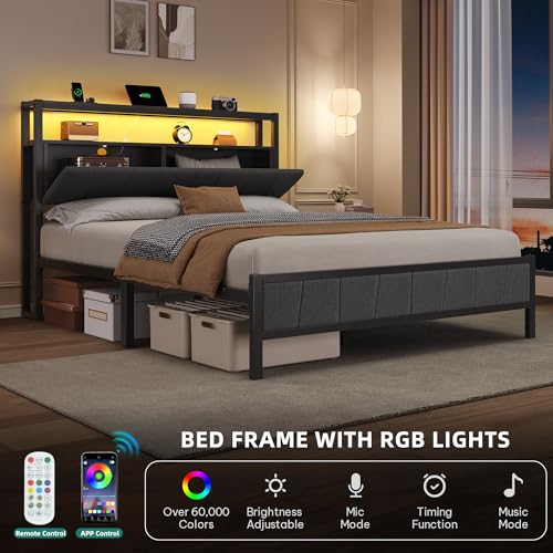 YITAHOME Queen Bed Frame with Storage Headboard, LED, Charging Station, Gray X281055