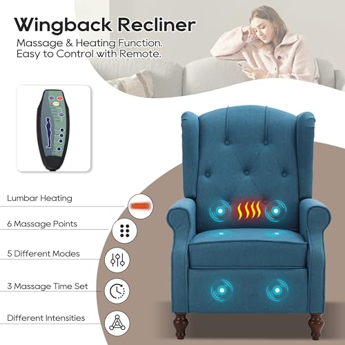 Wingback Recliner Chair with Massage and Heat, Tufted Fabric, Wooden Legs D91574