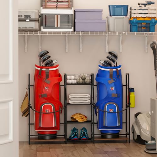 Golf Bag Storage Organizer Rack for 2 Bags, Freestanding Golf Club Holder for Garage Y100182