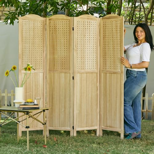 Pegboard Display 5.6Ft Wooden Room Divider Folding Privacy Screen Freestanding Wall Organizer, 4 Panels, Natural C603