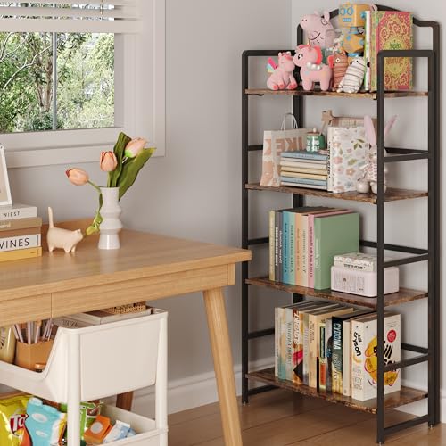 JSB Folding Bookshelf 5 Tier Vintage Wood Bookcase for Living Room Bedroom Office S131658