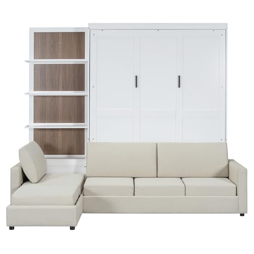Harper & Bright Designs Queen Murphy Bed with Sofa and Shelves, White P14954