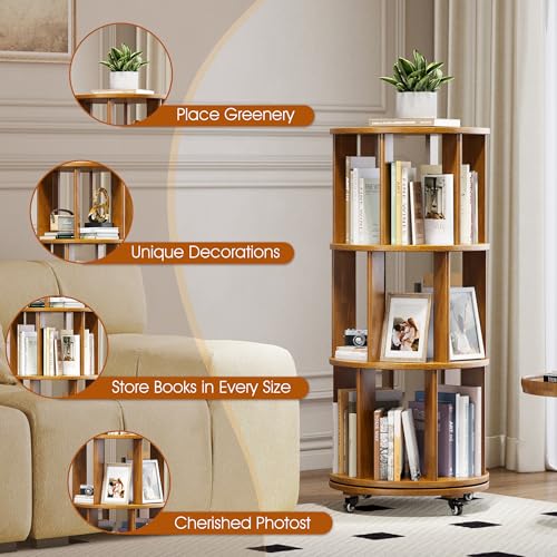 6 Tier Rotating Bookshelf Tower with Swivel Wheels, Solid Wood, Walnut B588